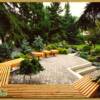 Landscape Design and installation, St. Paul, MN – Raised paver patio, wraparound and pedestal benches, conifer backdrop